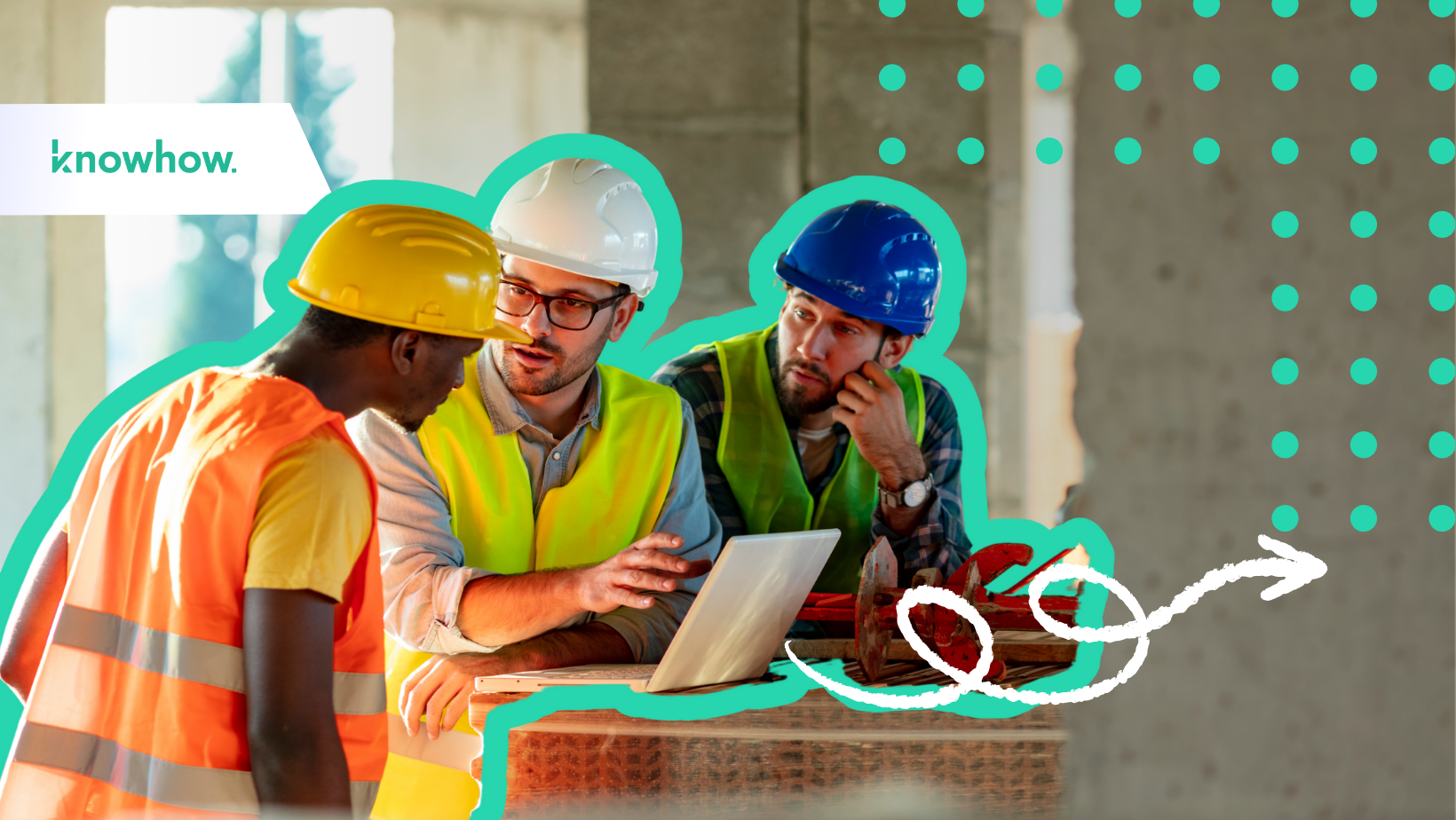 3 construction workers talking while by a computer