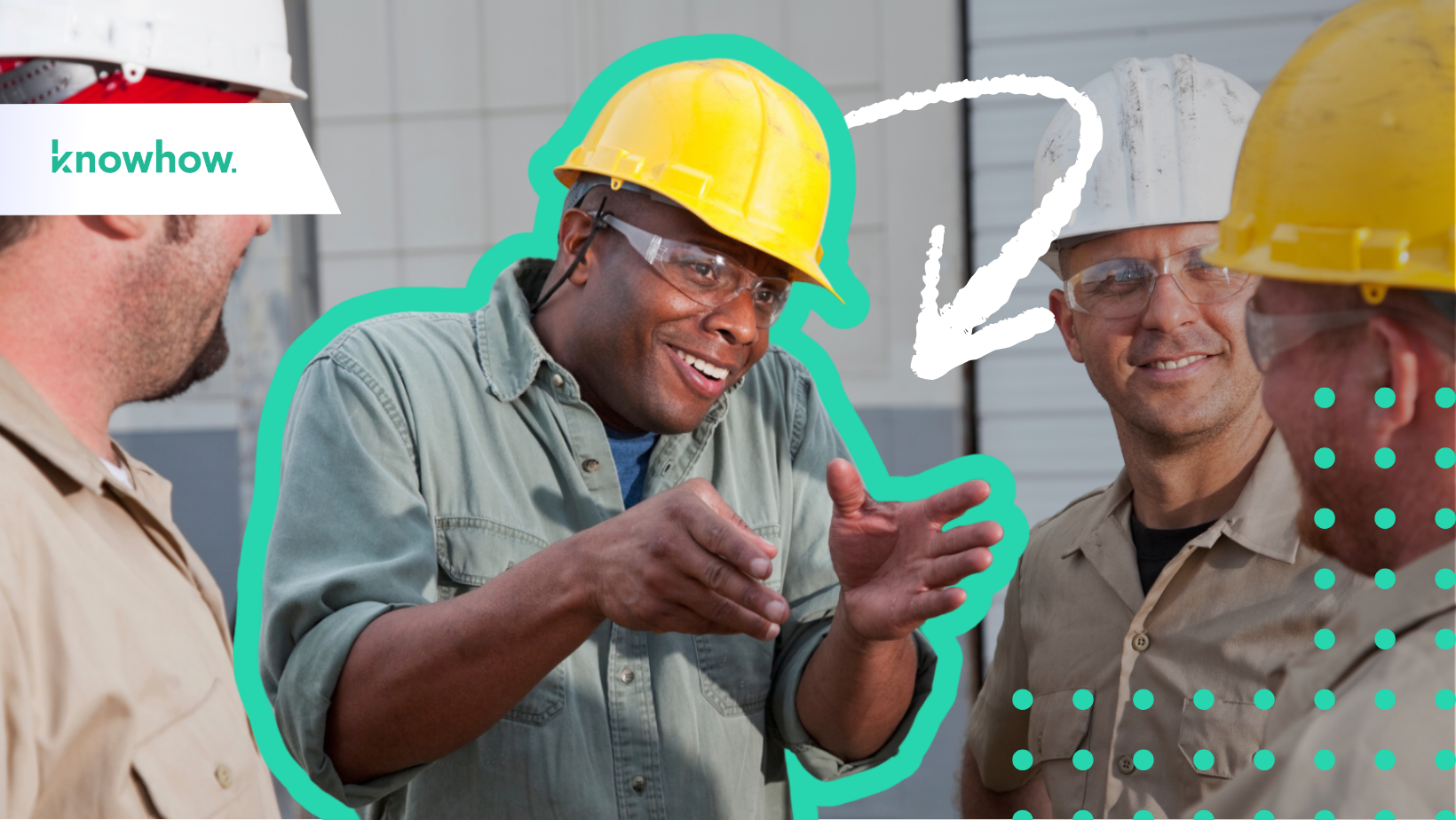 construction workers with hard hats huddled in a circle talking