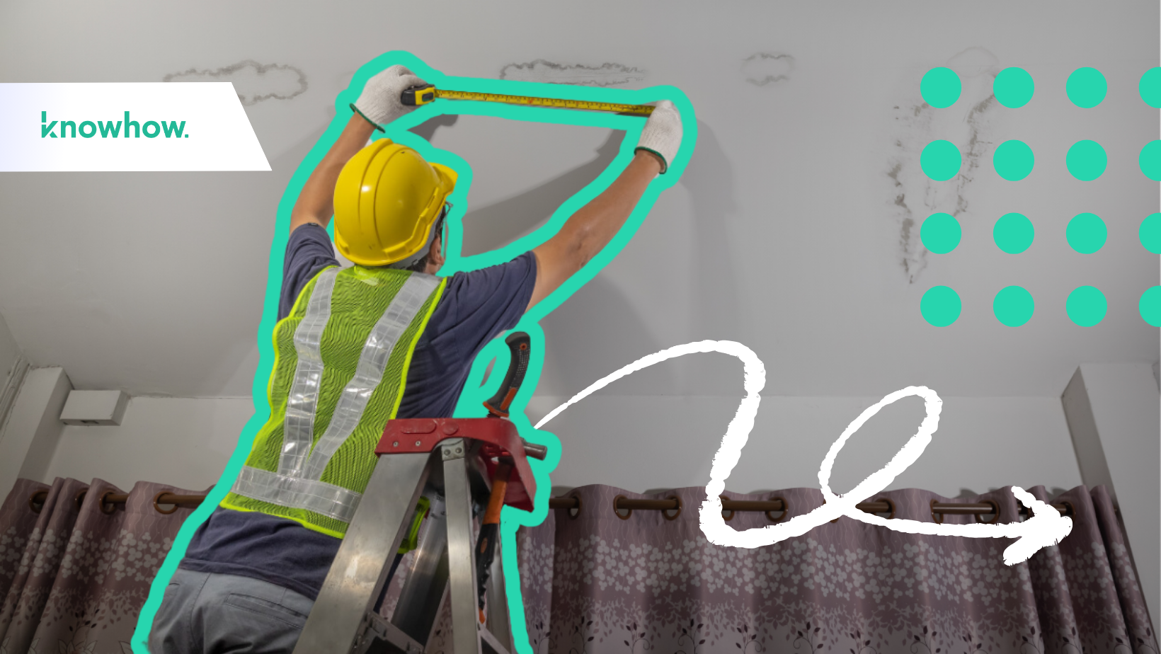 a construction worker on a ladder using a tape measurer on the roof of a home