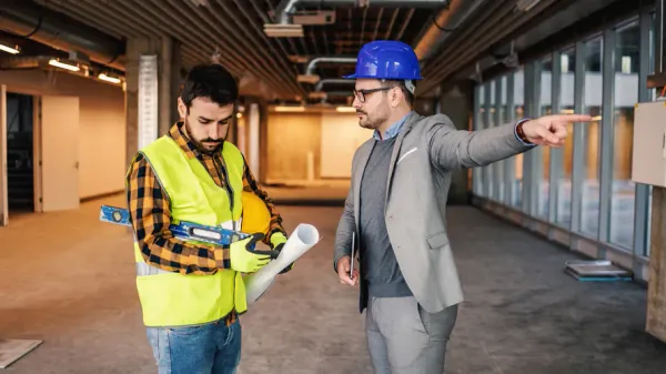 A construction worker and a man in a suit talking