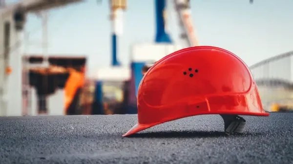A construction cap on the ground of a job site.